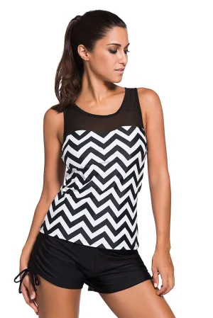 Women's Black And White Zigzag Print Mesh Splice Racer Back 2 PC Tankini Swimsuit Set