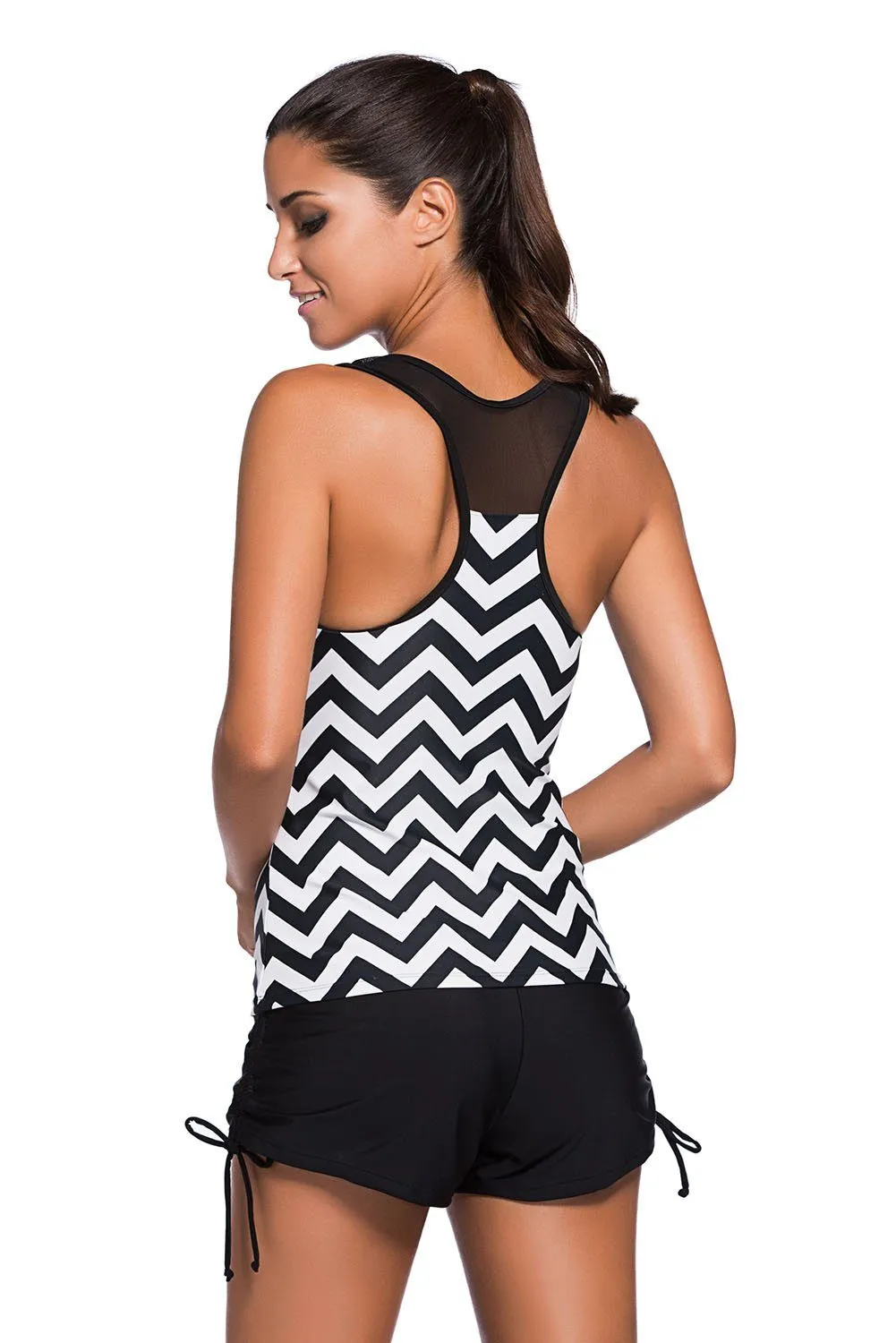 Women's Black And White Zigzag Print Mesh Splice Racer Back 2 PC Tankini Swimsuit Set