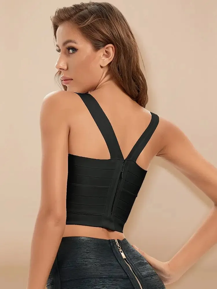 Women's Short Black Criss Cross Bandage Crop Top - Yellow Vest XL Khaki Camis Bodycon Tank