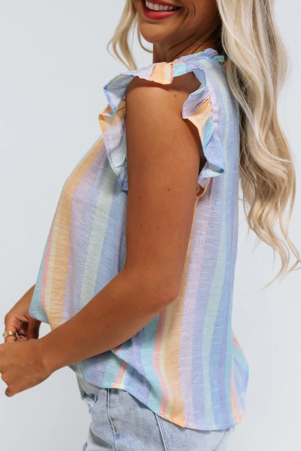 Womens Striped Blouses Color Block Ruffle Cap Sleeve Sleeveless Top