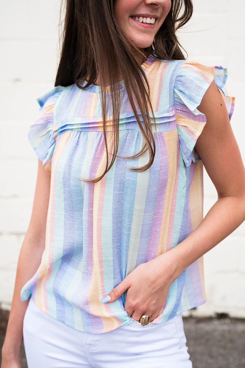 Womens Striped Blouses Color Block Ruffle Cap Sleeve Sleeveless Top