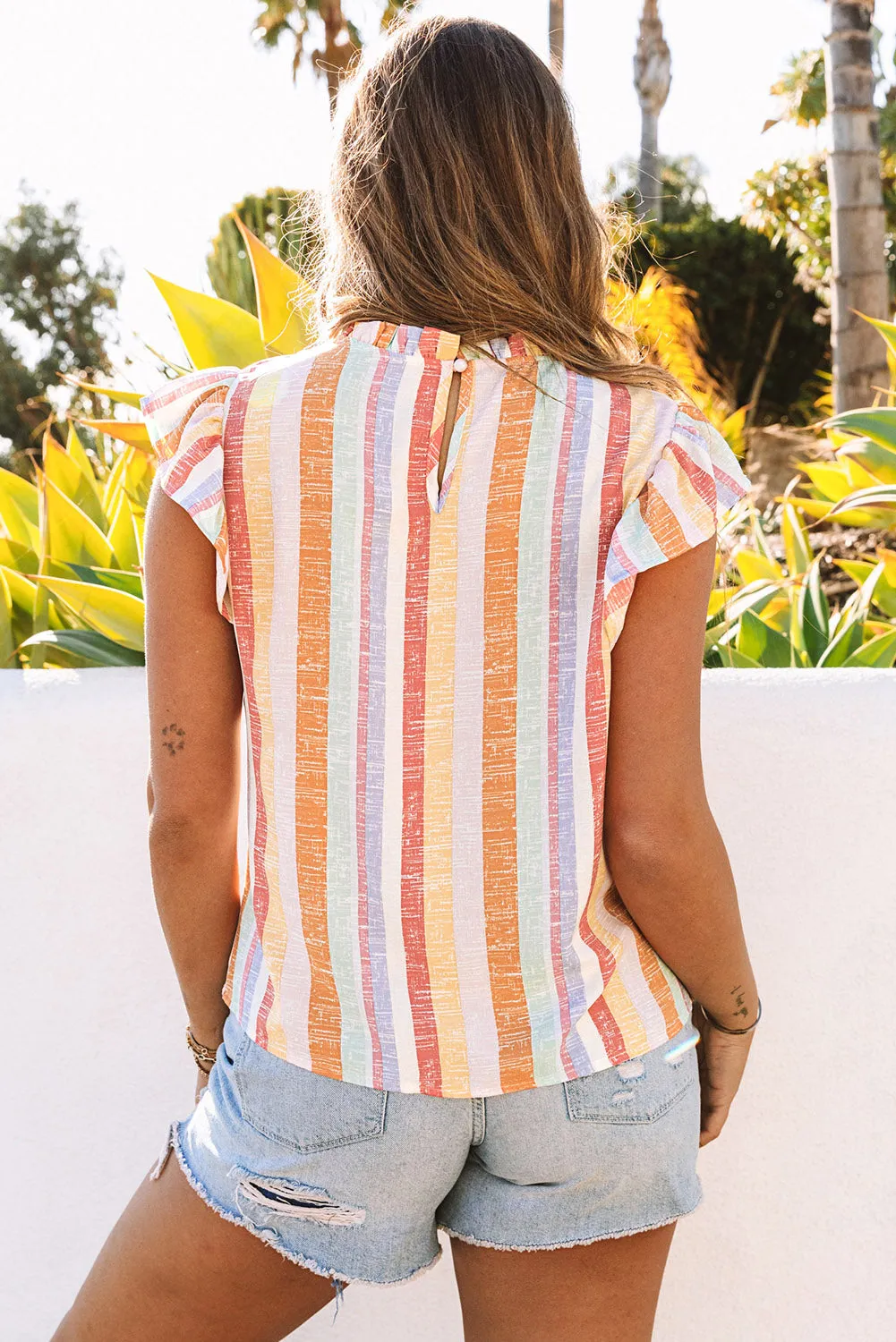 Womens Striped Blouses Color Block Ruffle Cap Sleeve Sleeveless Top