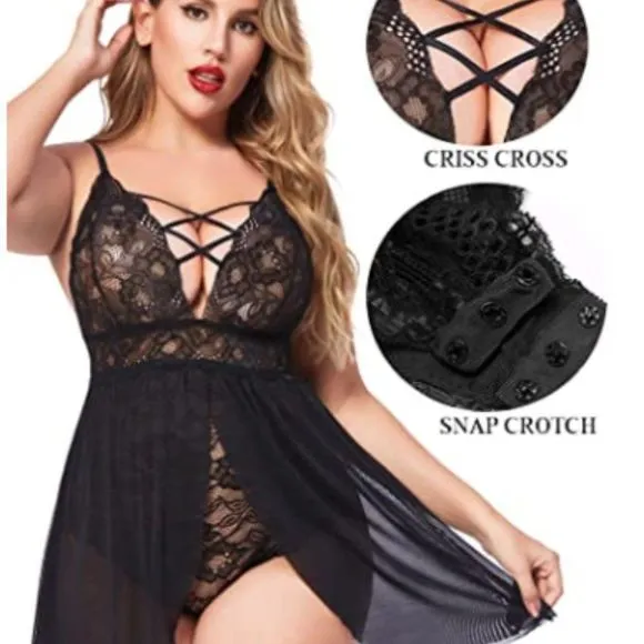 Womens Snap Crotch Lingerie V Neck Lace Nighty Mesh Babydoll