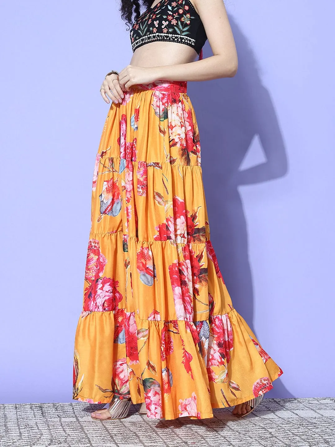 Yellow Floral Printed Tiered Skirt