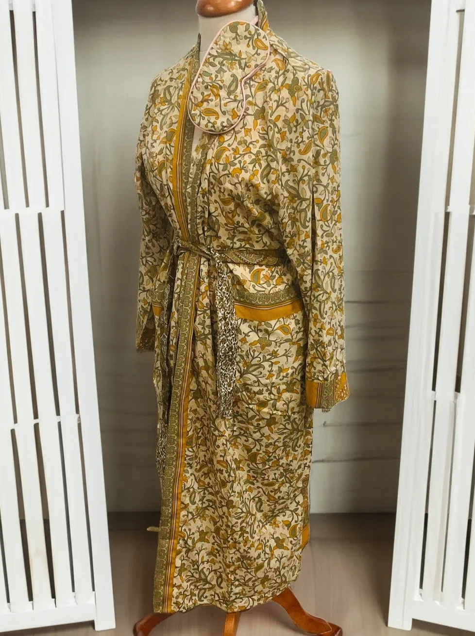 Yellow Green Dressing Gown Made from Recycled Sari's With Matching Eye Mask Small / Medium