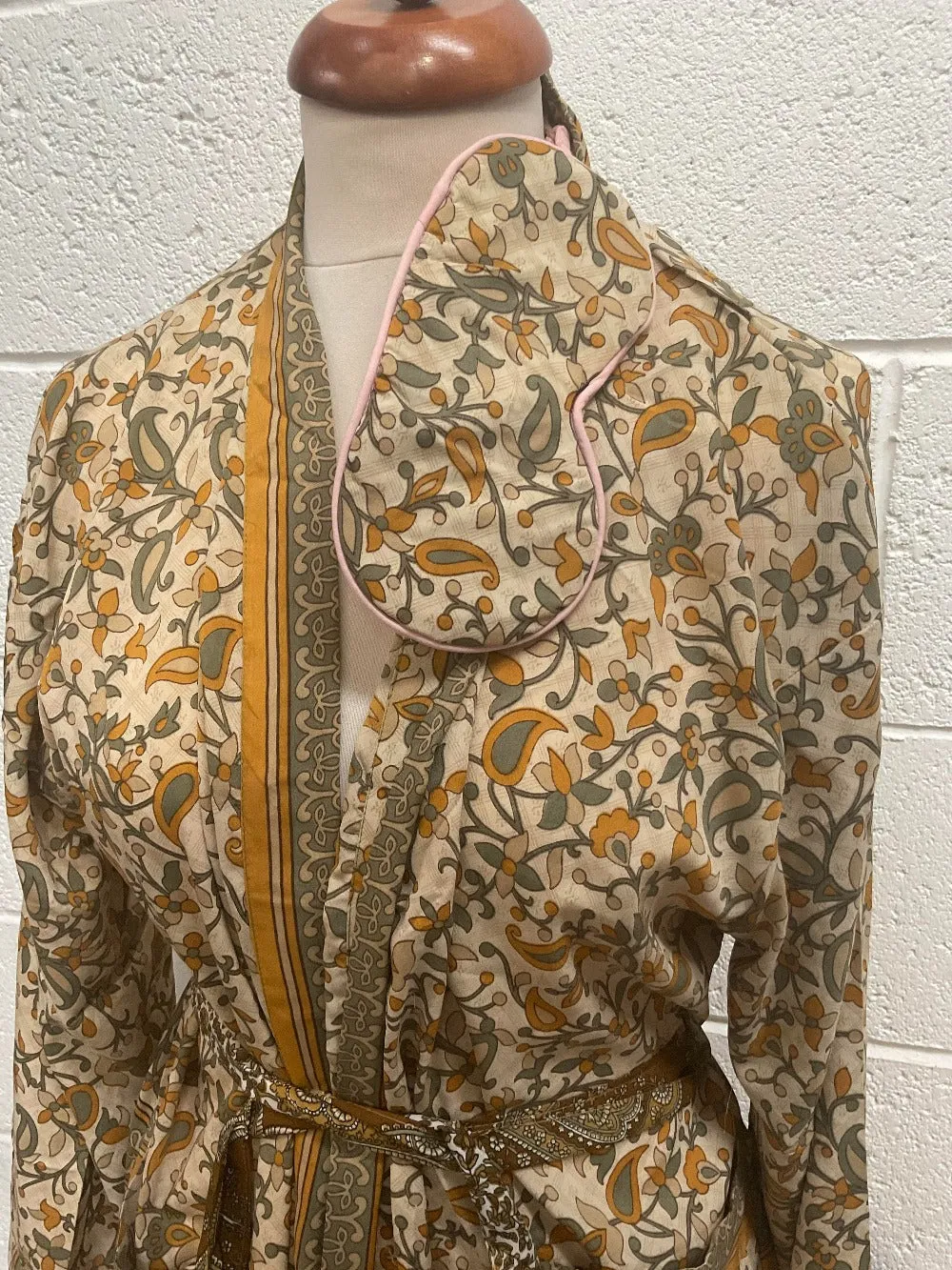 Yellow Green Dressing Gown Made from Recycled Sari's With Matching Eye Mask Small / Medium