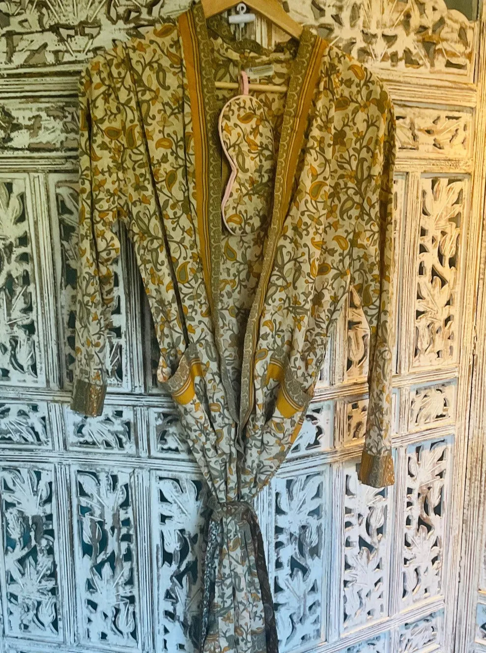 Yellow Green Dressing Gown Made from Recycled Sari's With Matching Eye Mask Small / Medium