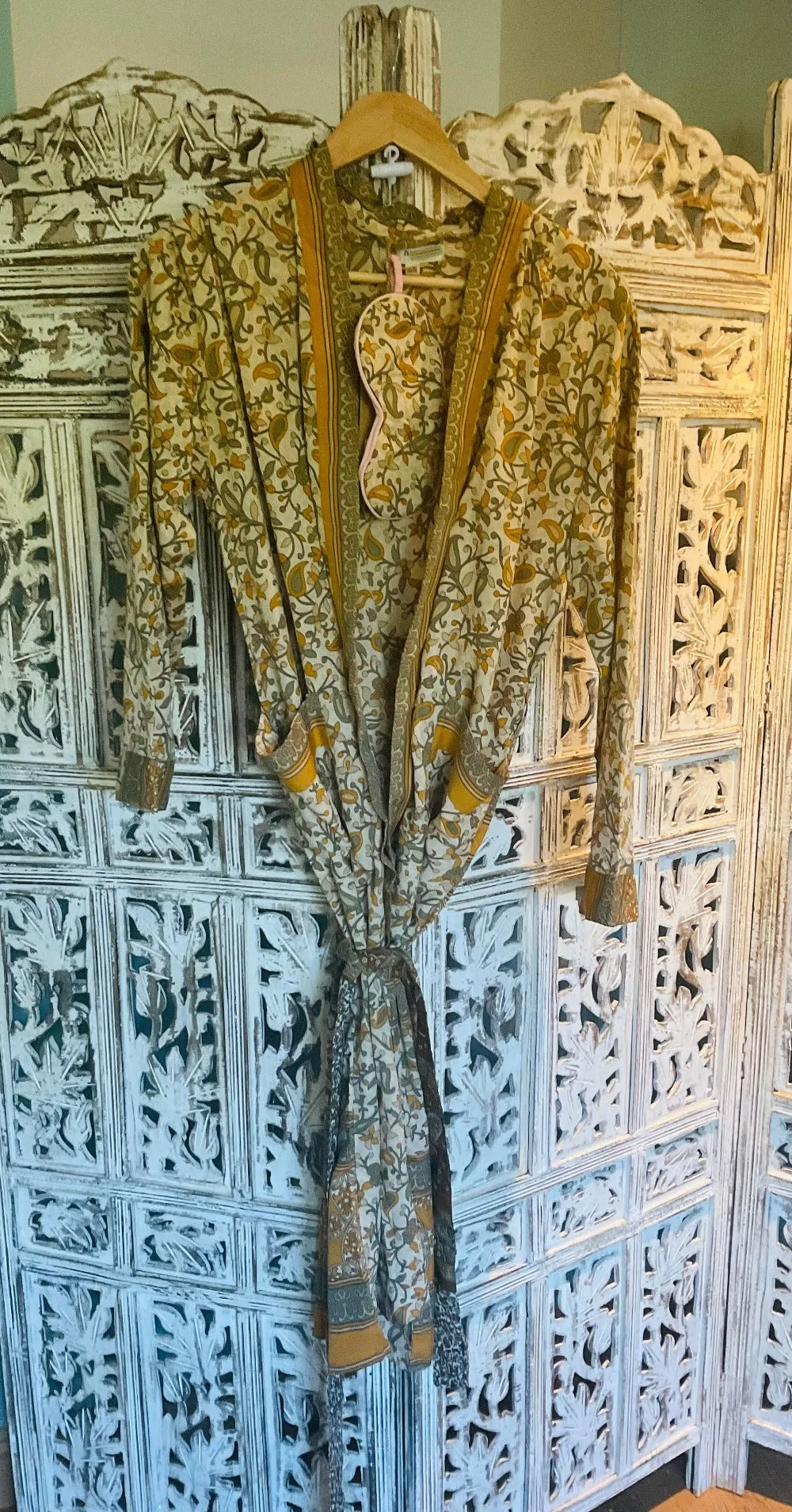 Yellow Green Dressing Gown Made from Recycled Sari's With Matching Eye Mask Small / Medium