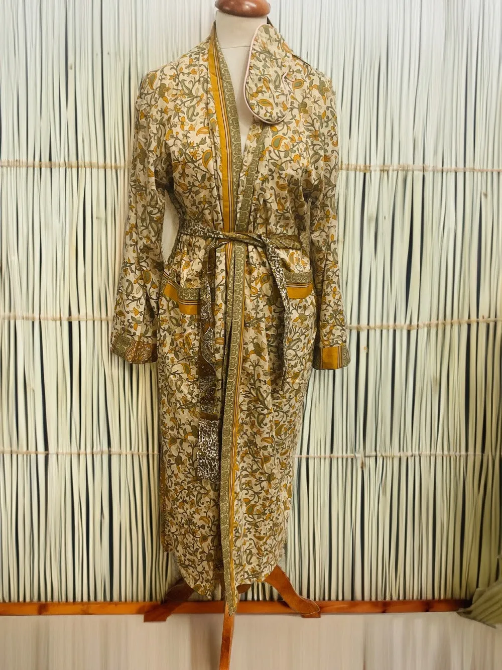 Yellow Green Dressing Gown Made from Recycled Sari's With Matching Eye Mask Small / Medium