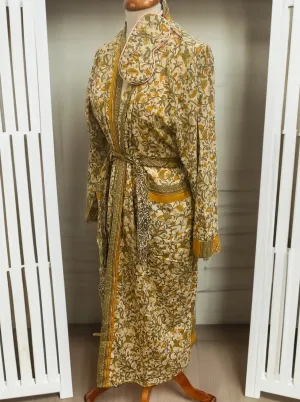 Yellow Green Dressing Gown Made from Recycled Sari's With Matching Eye Mask Small / Medium